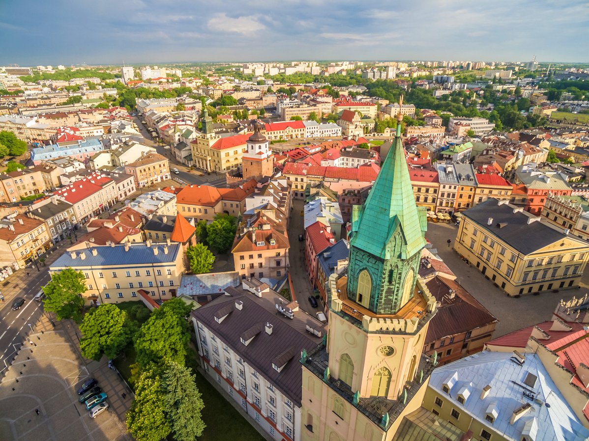 Lublin from the bird's eye view. Old Town, Trinitarian Tower, Crown Tribunal and other monuments of Lublin.